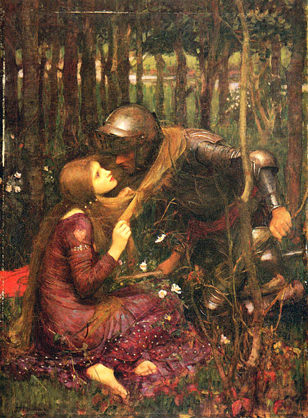 opulent painting of a woman seated in a garden-like setting, clutching a scarf around the neck of a man dressed as a knight, as they gaze into each others' eyes and seem about to kiss