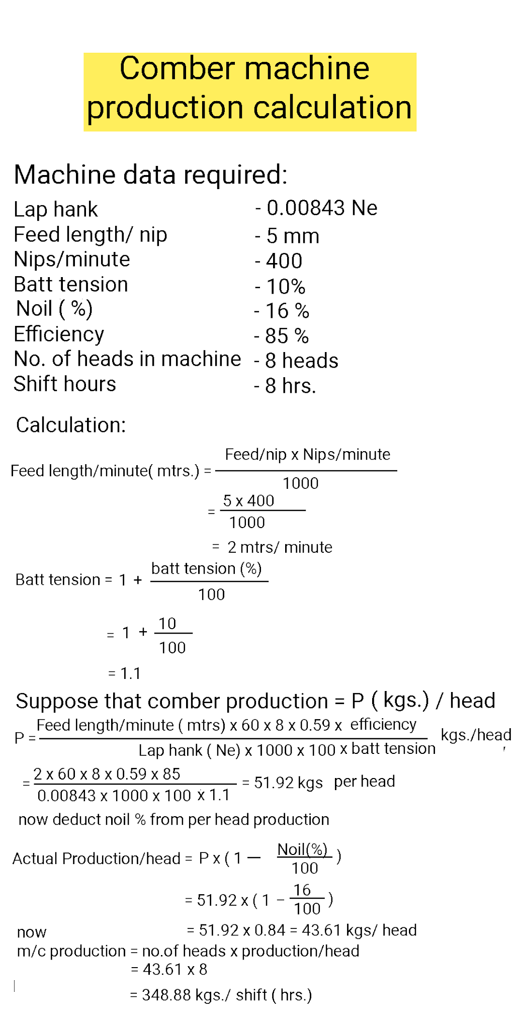 Textile Adviser COMBER MACHINE PRODUCTION CALCULATION
