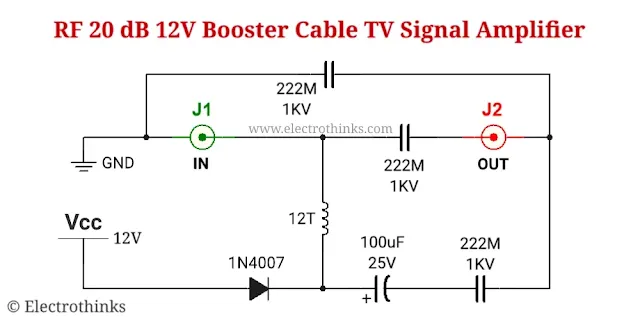 RF 20 dB dc 12 volt booster Cable TV signal amplifier Circuit diagram