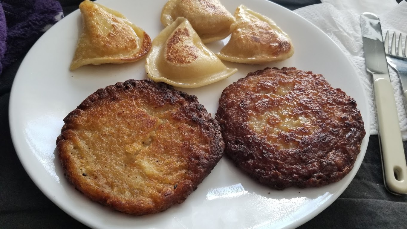 Srodek's Farmer's Cheese pierogies and HUGE potato pancakes