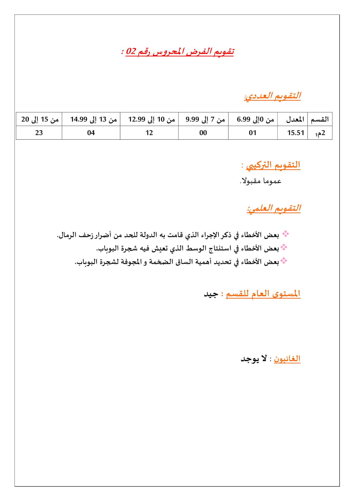 فرض العلوم الطبيعية الفصل الثاني للسنة الثانية متوسط - الجيل الثاني نموذج 3