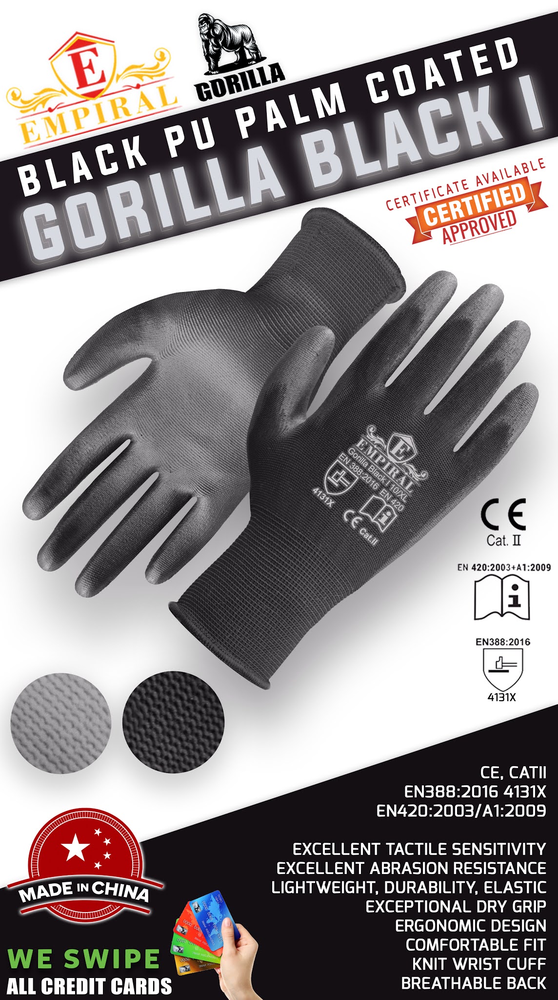 Empiral Gorilla Black I Black Polyester Liner With Black Pu Palm