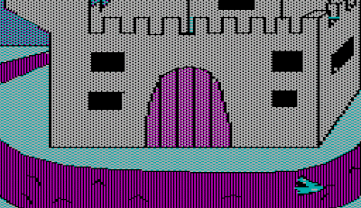 Animation based on images from the 1980 Apple II adventure game, the Wizard and the Princess.  This shows a castle fading out.