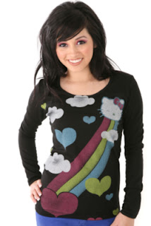 Hello Kitty Black colorful rainbow clouds and hearts T-Shirt
