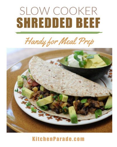 Slow Cooker Shredded Beef Tacos ♥ KitchenParade.com, just cook beef in slow cooker (no browning!) with pantry ingredients, then add quick sauté of veggies, black beans.