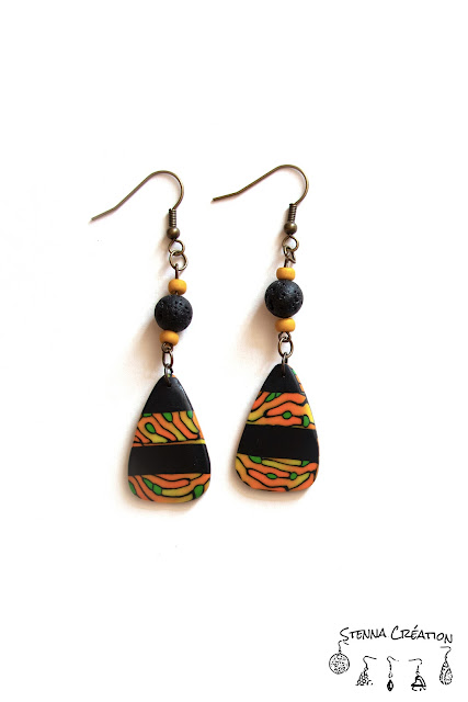 Boucles oreilles pâte polymère 2020 canne vermicelle jaune orange vert noir Fimo Stenna Création