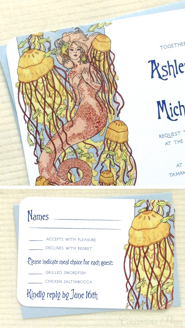 Mermaid wedding invitations or party invitations from Concertina Press