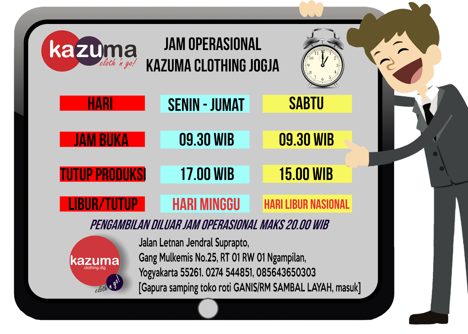 JAM OPERASIONAL KAZUMA CLOTHING JOGJA CETAK KAOS SATUAN MURAH JOGJA