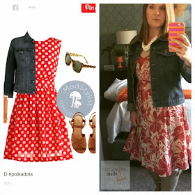 "Fashion Advice" from an organizing blogger :: OrganizingMadeFun.com -- patterned red wrap dress, denim jacket, boots