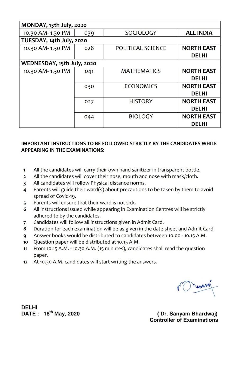 CBSE Re-scheduled examinations