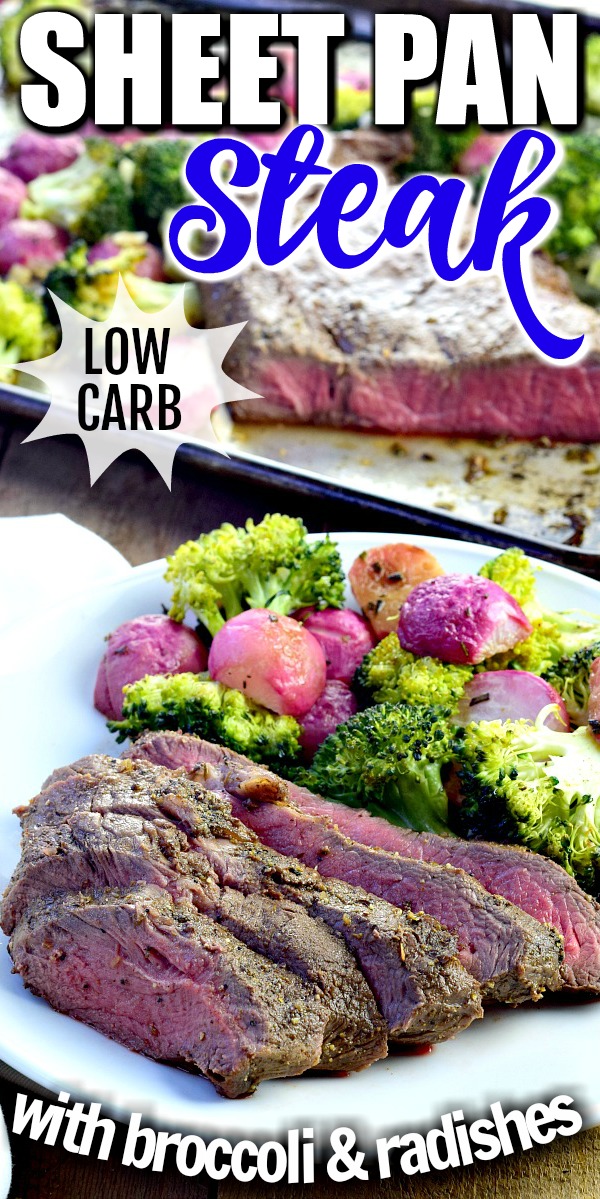 This low carb/keto-friendly Sheet Pan Steak with Broccoli and Radishes recipe is a delicious way to cook up an easy meal for the family. With its juicy beef and tangy radishes, it is a meal you will quickly be putting on the regular recipe rotation! PS you won't miss the carbs!! #sheetpan #lowcarb #keto #beef #steak #easy #recipe #radish #broccoli | bobbiskozykitchen.com