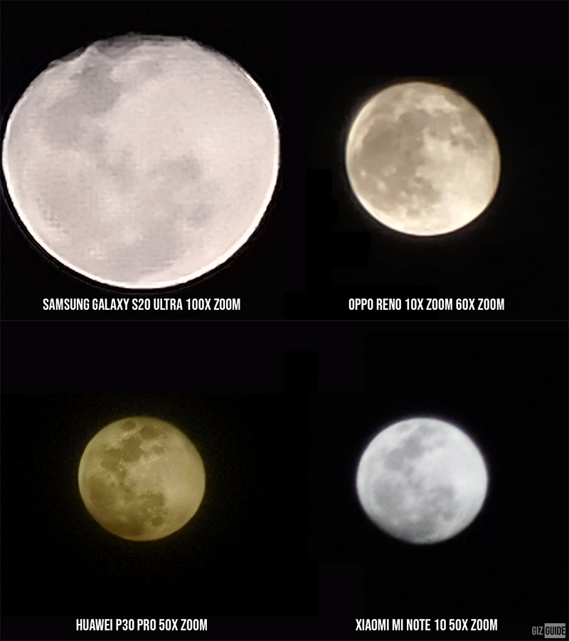 Moon shot zoom range of Galaxy S20 Ultra versus OPPO Reno 10x zoom, Huawei P30 Pro, and Xiaomi Mi Note 10