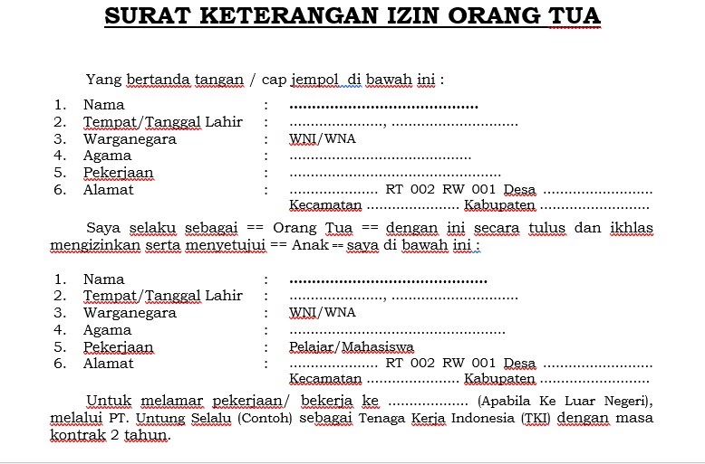 Contoh Surat Izin Orang Tua Untuk Bekerja Dan Keperluan Lainnya Contoh Surat