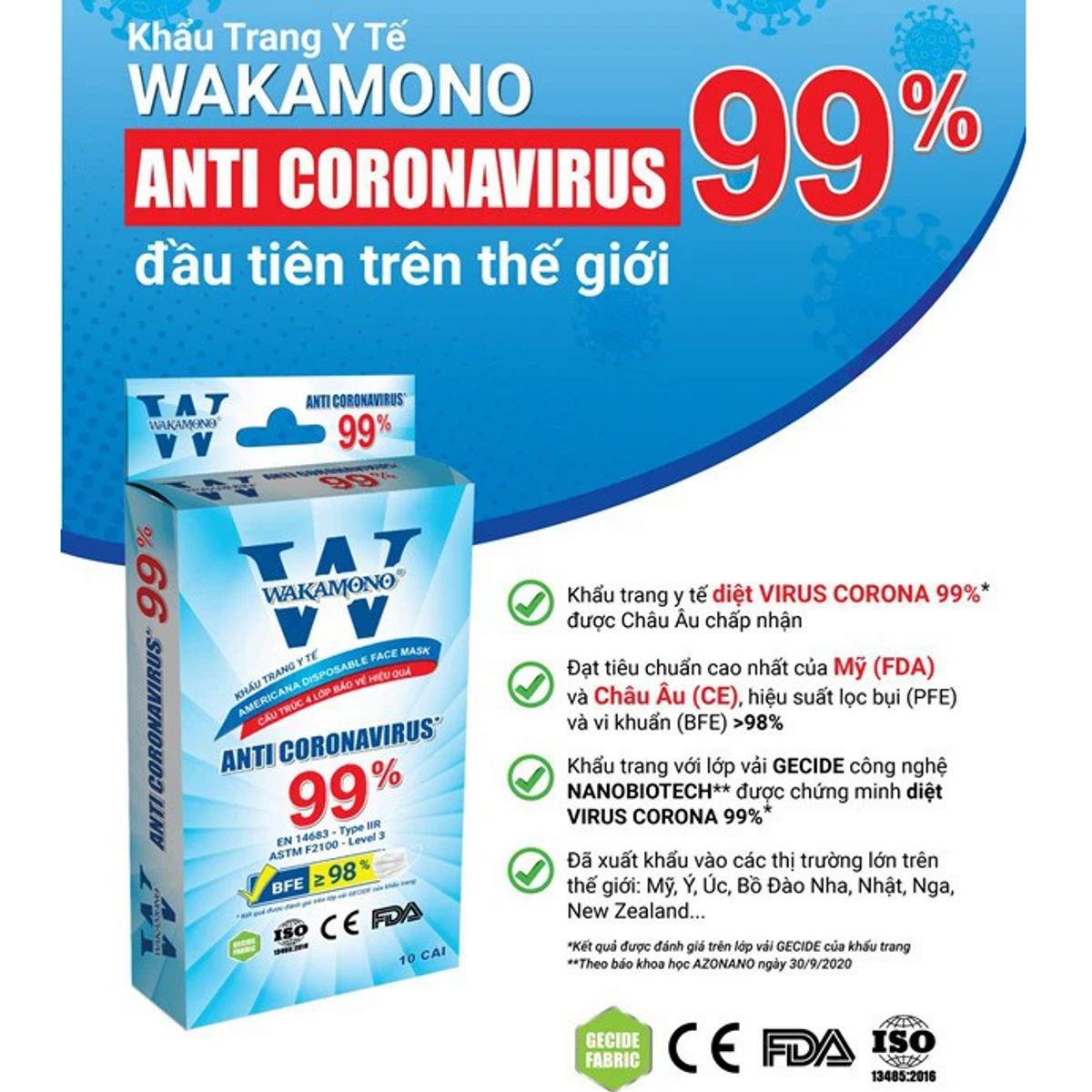 KHẨU TRANG WAKAMONO DIỆT 99% VIRUS NCOV