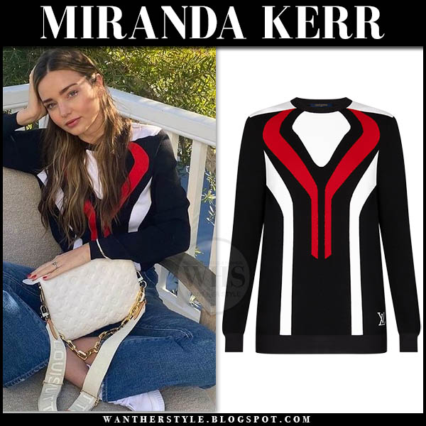 Miranda Kerr in black geometric intarsia sweater on February 19 ~ I want  her style - What celebrities wore and where to buy it. Celebrity Style