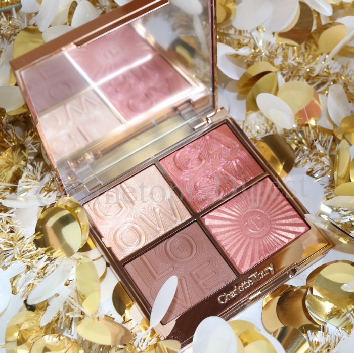 Review, swatches, and demo of the Charlotte Tilbury Glowgasm Face Palette on textured medium-tan skin