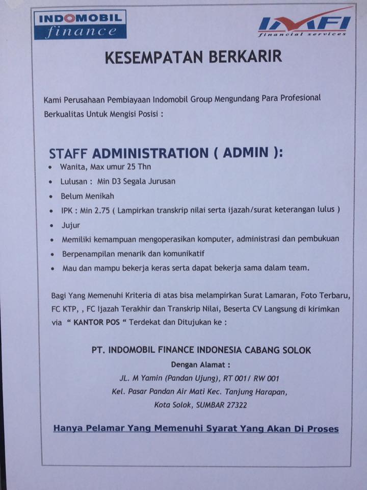 Lowongan Kerja Pt Indomobil Finance Indonesia Cabang Solok Februari 2017 Sumbar Jobs Lowongan Kerja Sumatera Barat