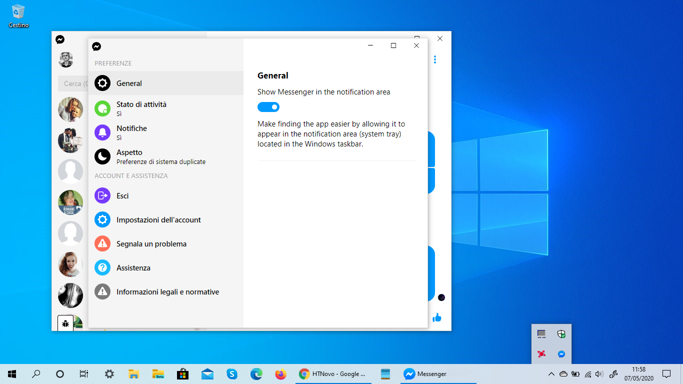 Messenger App per Windows 10 ottiene l'icona nel System Tray della taskbar