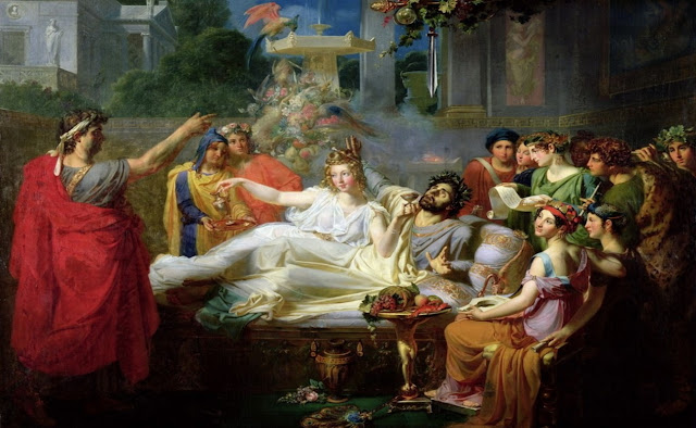 «Дамоклов меч».  Картина французского художника Феликса Овре.  Дионисий изображен слева, в красном плаще