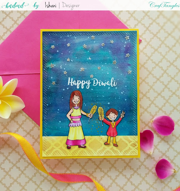 Easy Diwali cards, Craftangles, Craftangles Diwali stamps, Zig cleanDiwai greeting card,water colouring,Zig clean colour brush pens,CAS card,Diwali Crafts,Quillish,