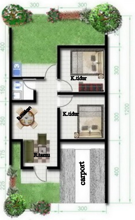 Contoh Denah rumah minimalis type 36 dengan 2 kamar tidur 