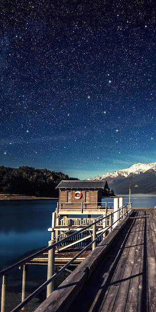 Pier, lake, mountain, night sky, stars wallpaper