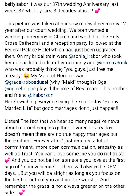 That we hear so many negative news doesn't mean there are no true happy marriages- Betty Irabor says as she celebrates her 37th wedding anniversary
