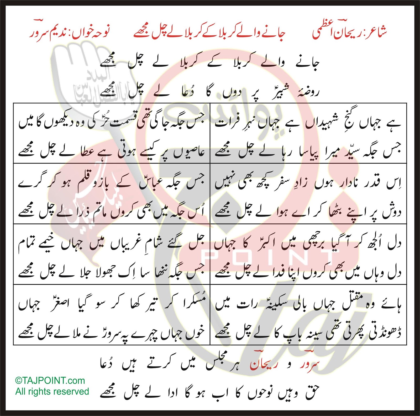 Jane Wale Karbala Ke Karbala Le Chal Mujhe Lyrics In Urdu and Roman