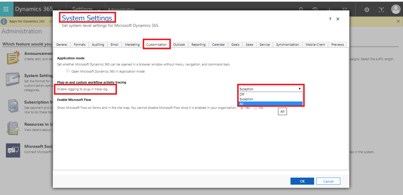 Enable plugin or custom workflow trace logs in MS Dynamics 365