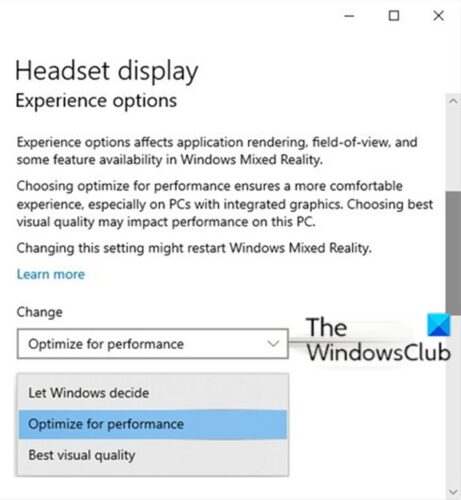 혼합 현실 헤드셋 디스플레이의 경험 옵션 변경