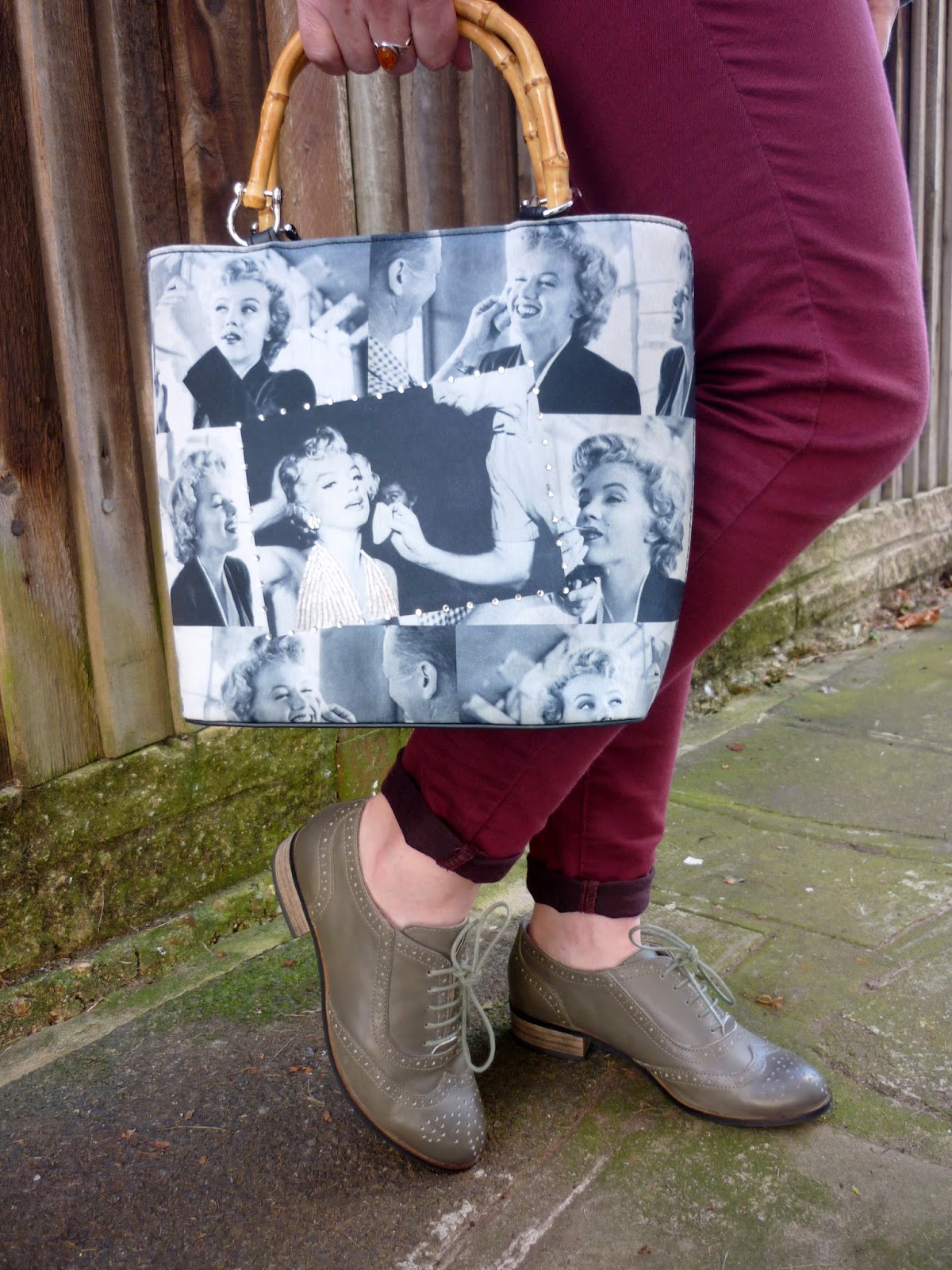 Marilyn Munroe Print Bag, Marsala Skinny Jeans, Brogues | Petite Silver Vixen