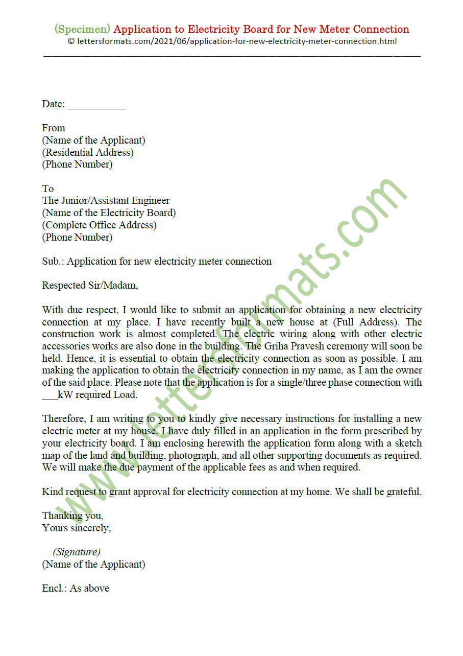 application letter format for new electricity connection