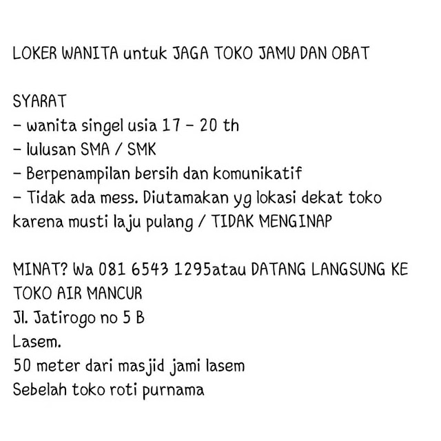Lowongan Kerja Pegawai Toko Jamu Dan Obat Air Mancur Lasem Rembang Lowongan Kerja Pegawai Toko Jamu Dan Obat Air Mancur Lasem Rembang