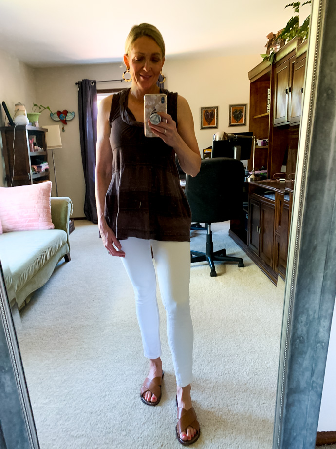 brown peplum top and white denim