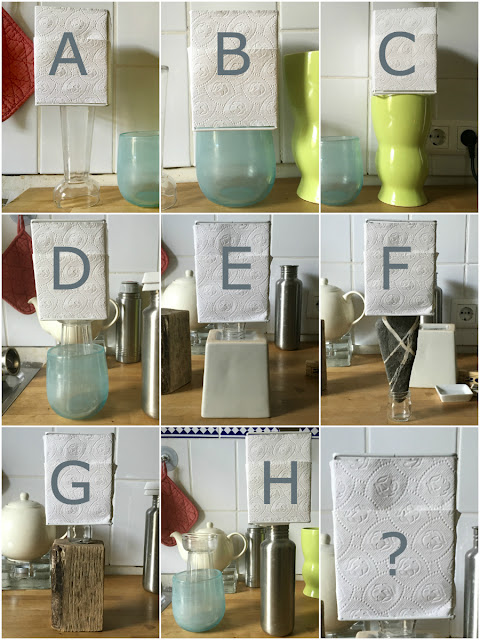 A: Hyacinthenglas, B und C: Vase, D: Kombination aus A und B, E: Übertopf, F: Stein, G: Schwemmholz, H: Zylinder (Thermos)