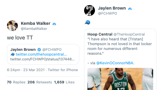 Celtics players come to Thompson's defense over report that's Tristan's"not loved in that locker room"