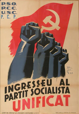 Propaganda poster from PSUC : Ingresseu al partit socialista unificat - The Clenched Fist Salute : the Nazis weren't the only ones convincing people to publicly make silly hand gestures in unison.