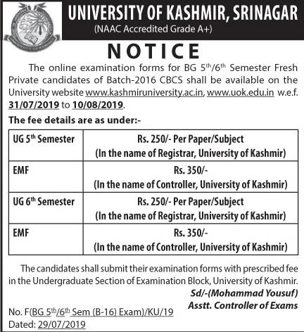 University of Kashmir Notice regarding Fee Details for 5th/6th semester Private candidates Batch-2016