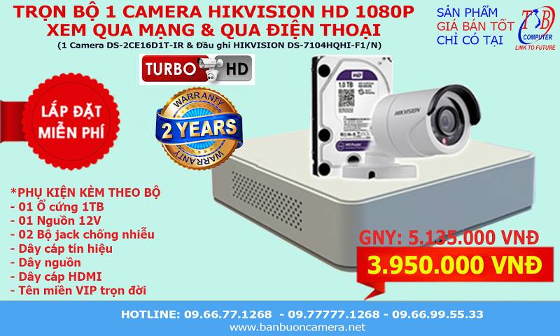 Trọn bộ camera HD1080P HIKVISION DS-2CE16D1T-IR