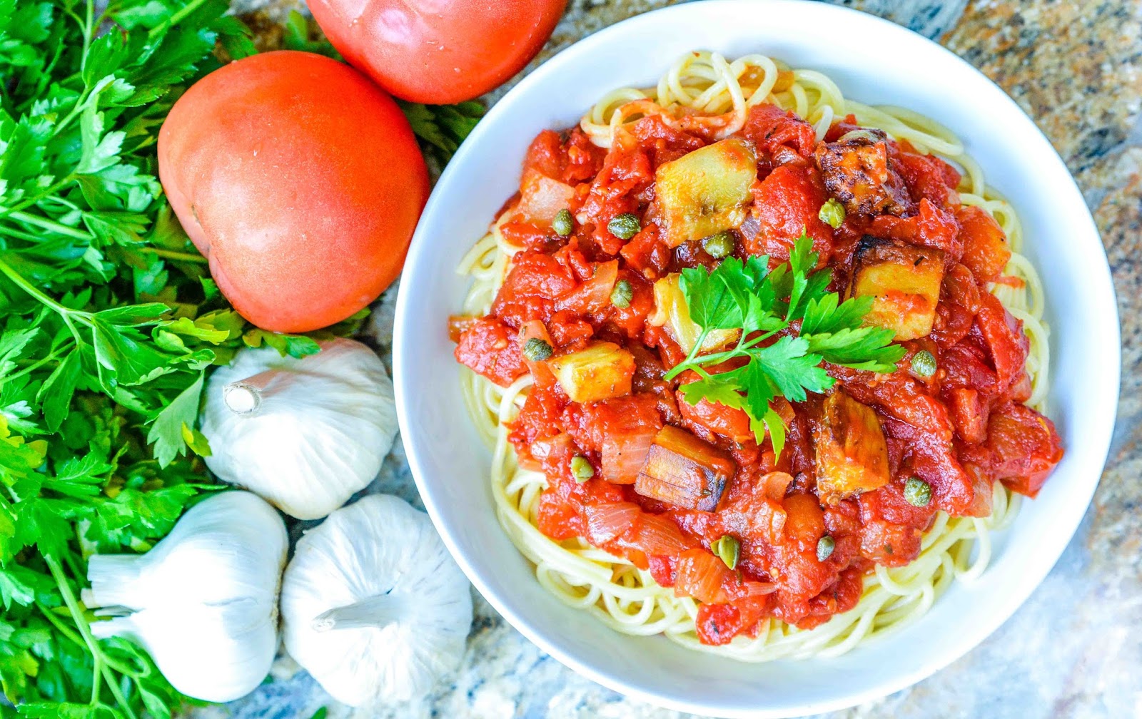 Theresa's Mixed Nuts Meatless Meal Spaghetti Marinara with Eggplant
