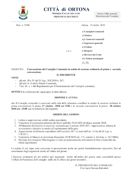 Il 27 ottobre si riunisce il Consiglio Comunale