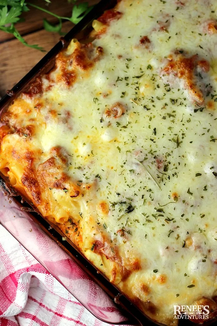 Baked Ziti with Sausage by Renee's Kitchen Adventures in pan