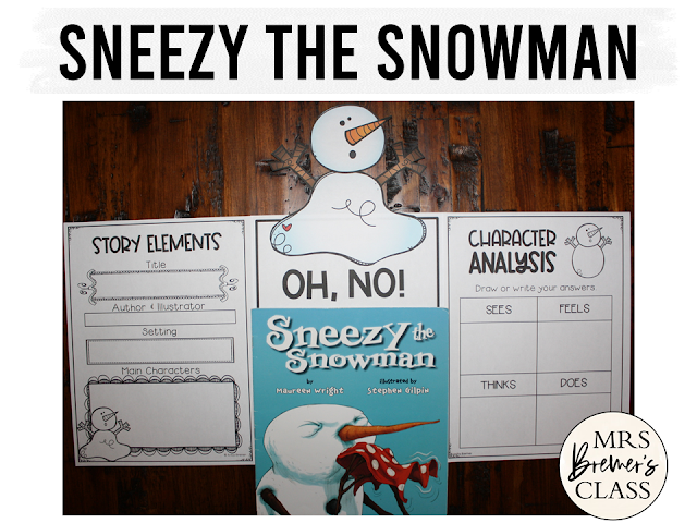Sneezy the Snowman book study activities unit with Common Core aligned literacy companion activities and a craftivity for winter in Kindergarten and First Grade