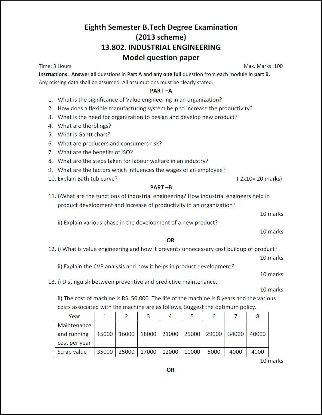 Kerala University B. tech Industrial Engineering 2016 Question Paper