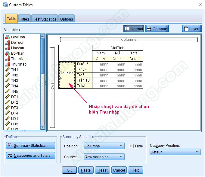 Chạy bảng kết hợp Custom Table trong SPSS