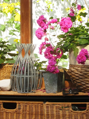 Pink flowers on a bright shelf with ornaments and wicker baskets