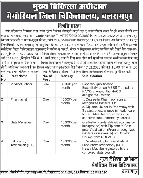 Balrampur District Hospital Vacancy 2020 Mo Pharmacist Lab Technician