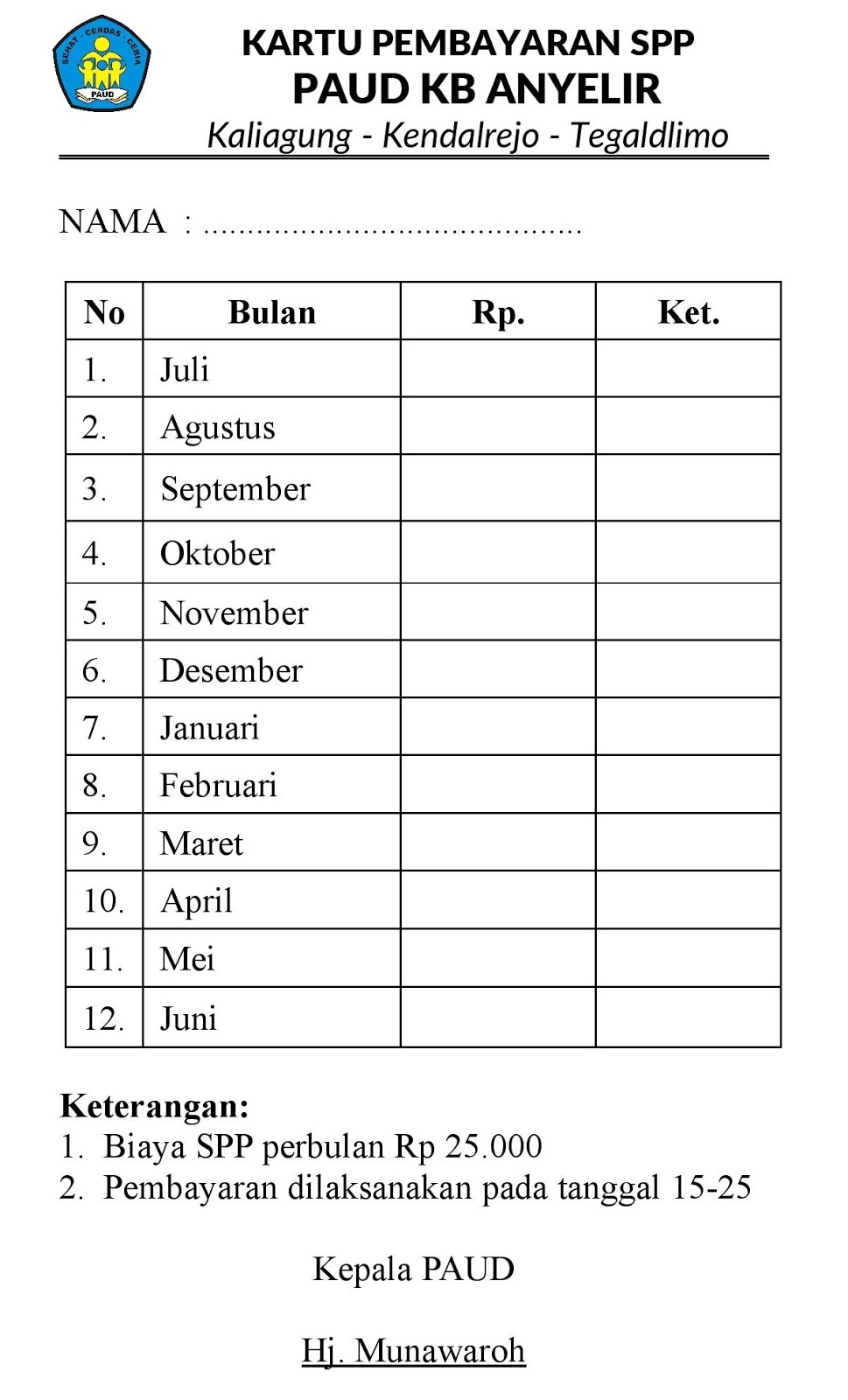 Contoh Kartu Iuran Sumbangan Pembayaran Spp Paud Tk Anak Paud Bermain Belajar