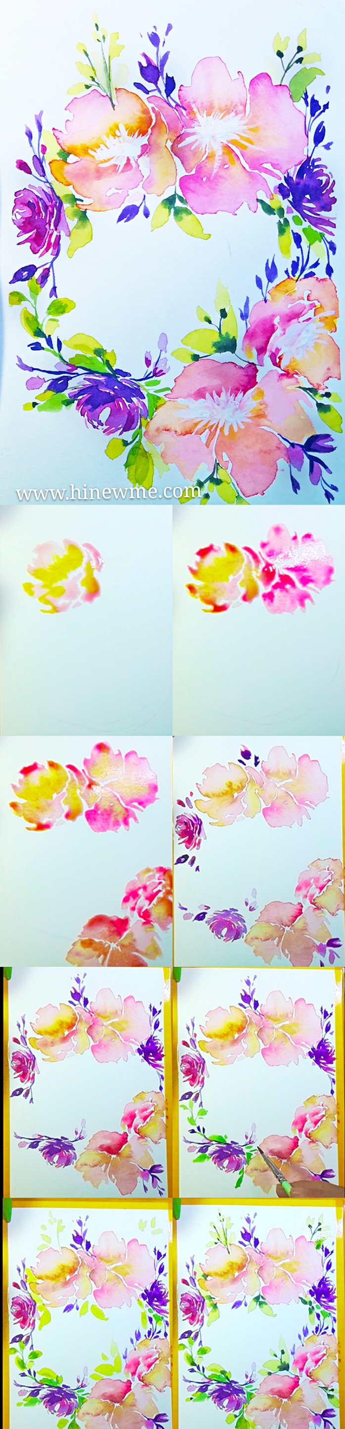 How to draw flower wreath with watercolor step by step , easy