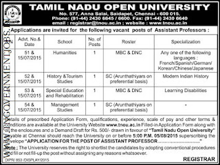 Applications are invited for Direct Recruitment of Assistant Professors for  Humanities, History and Tourism Studies, Special Education and Rehabilitation and Management Studies in Tamil Nadu Open University (TNOU) Chennai